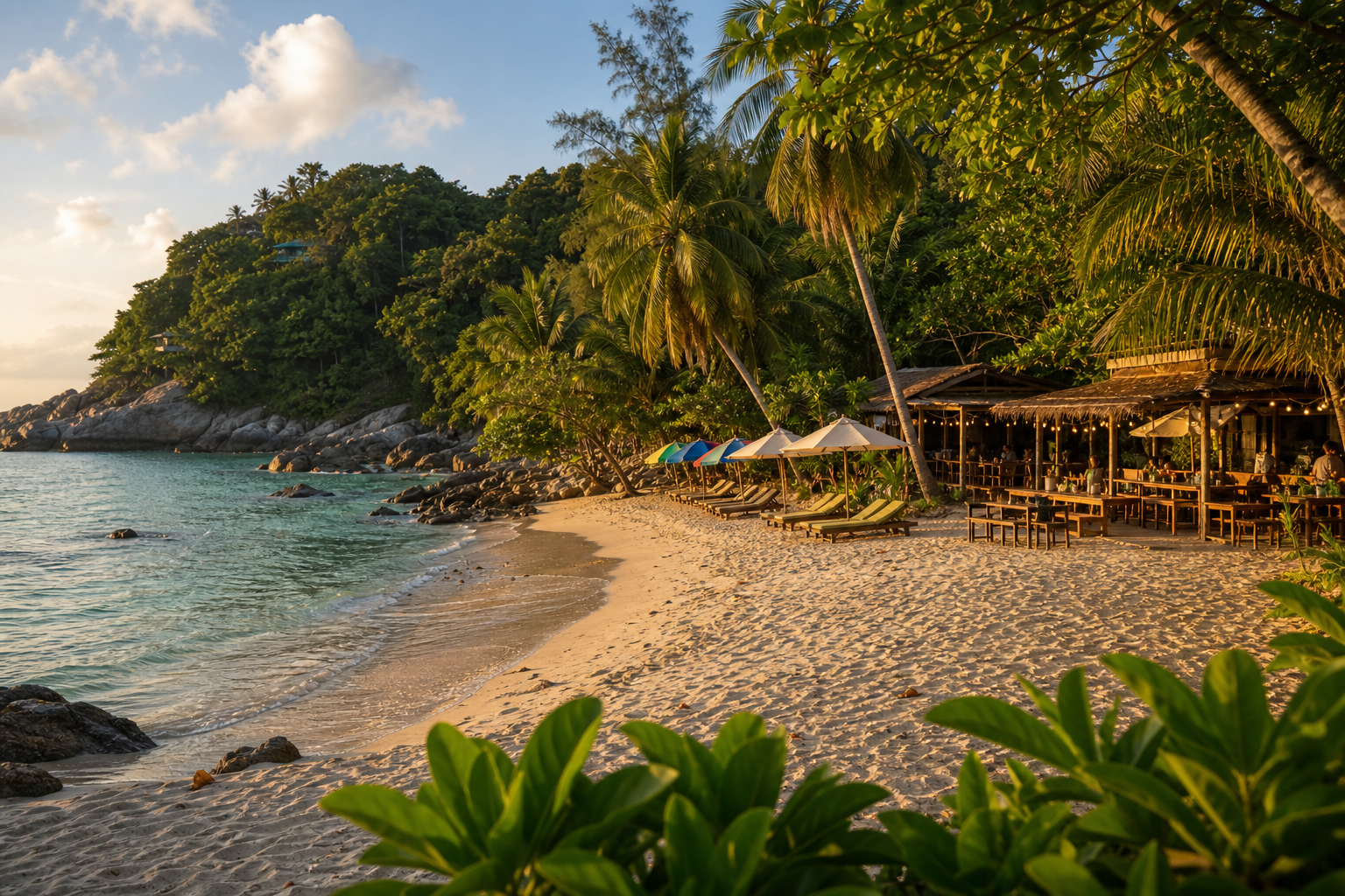 Small relaxed beach restaurant scene at Banana Beach Phuket under palm trees