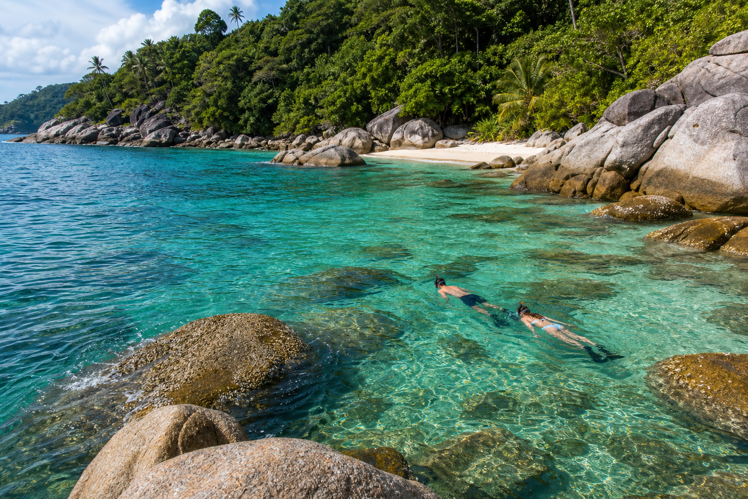 Clear water and rocky snorkeling area at Banana Beach Phuket during calm season