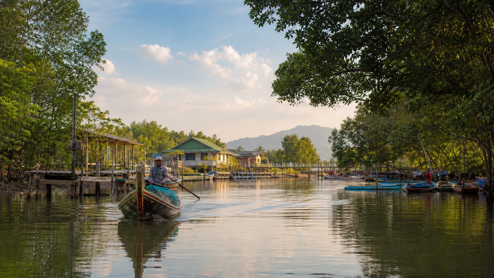 Longtail boat in a green mangrove canal near Bang Rong community in northeast Phuket