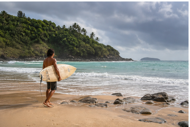 A surfer walking up the sand after a session at Nai Harn Beach in Phuket