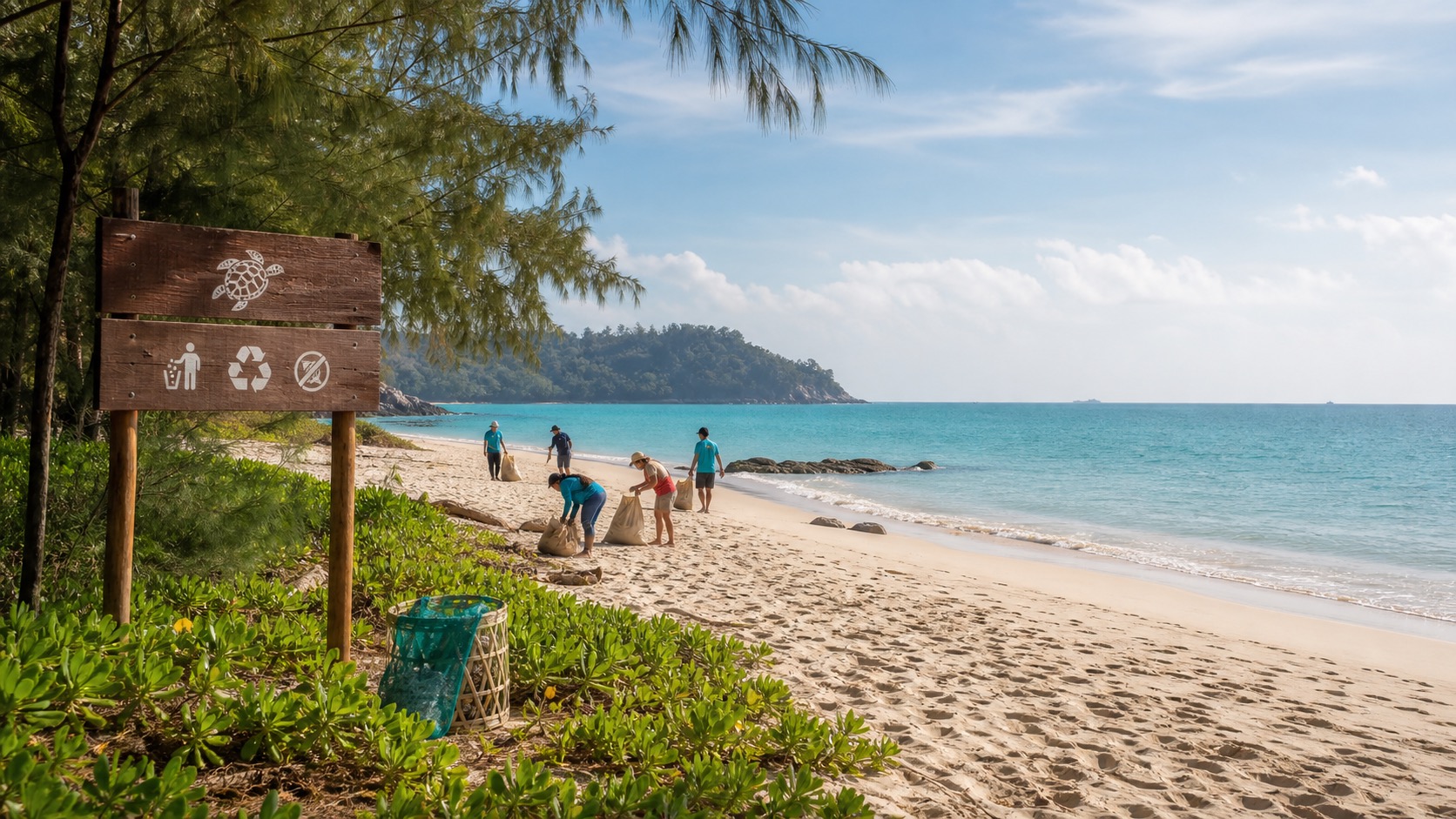 Clean Phuket beach morning with local volunteers collecting litter near clear water and casuarina trees