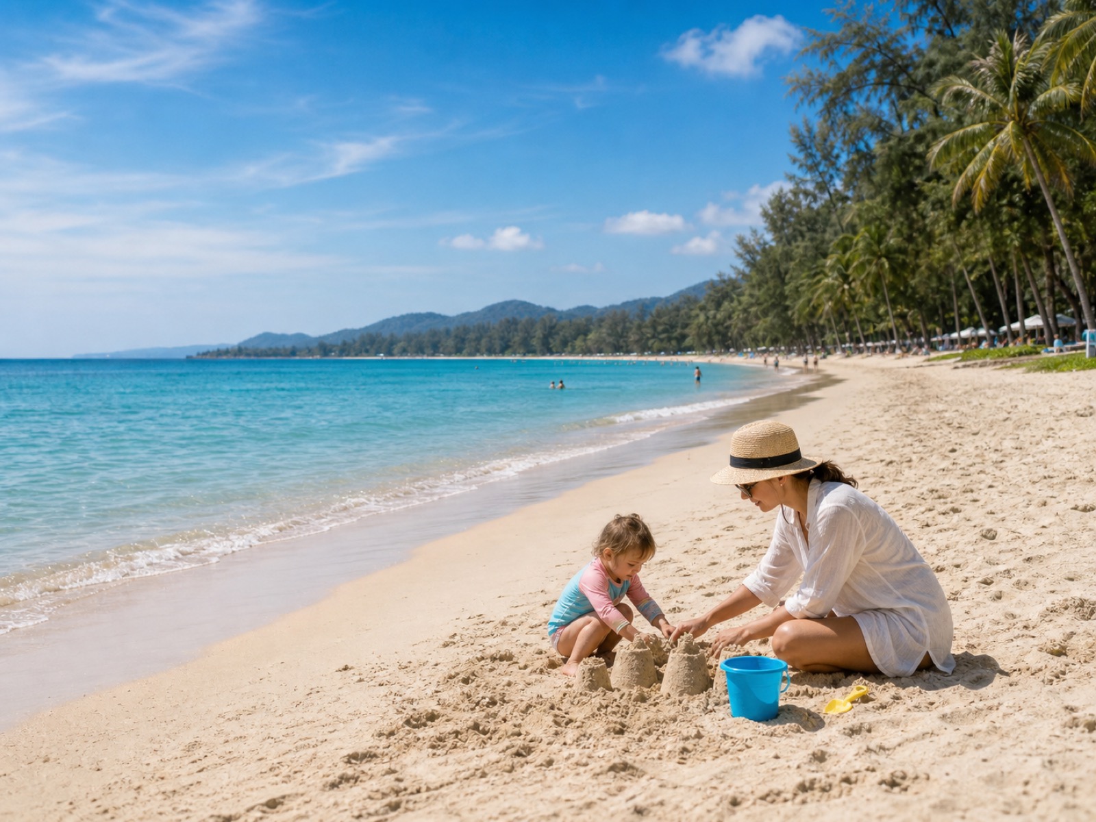 A Phuket family beach with calm water, soft sand, and parents walking with a young child