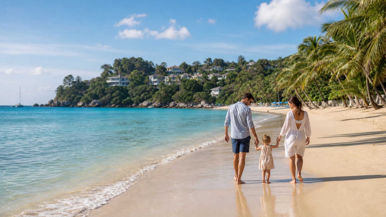 A mother and toddler building sandcastles on a quiet Phuket beach