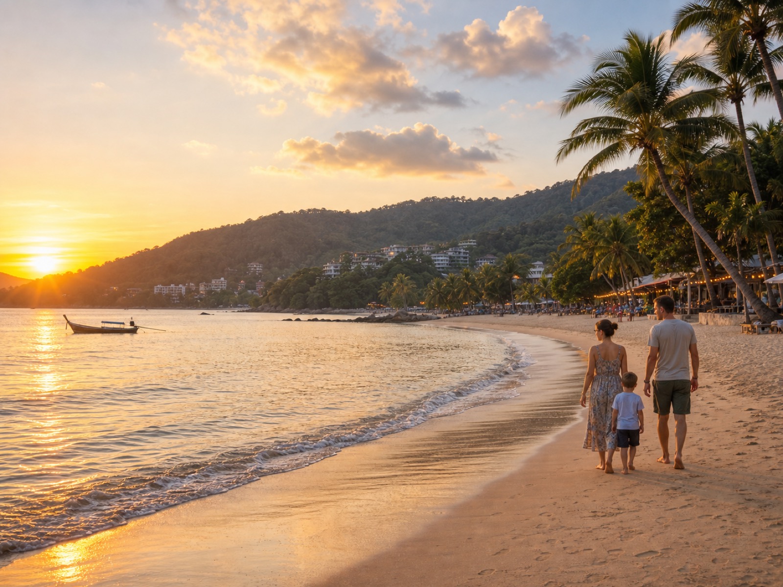 A family walking beside a shallow Phuket shoreline with calm clear water