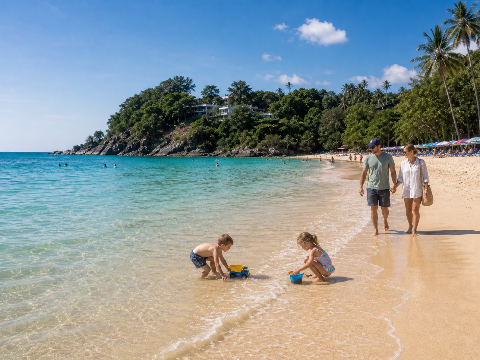 A Phuket family walking along the beach at sunset with calm water and a relaxed shoreline