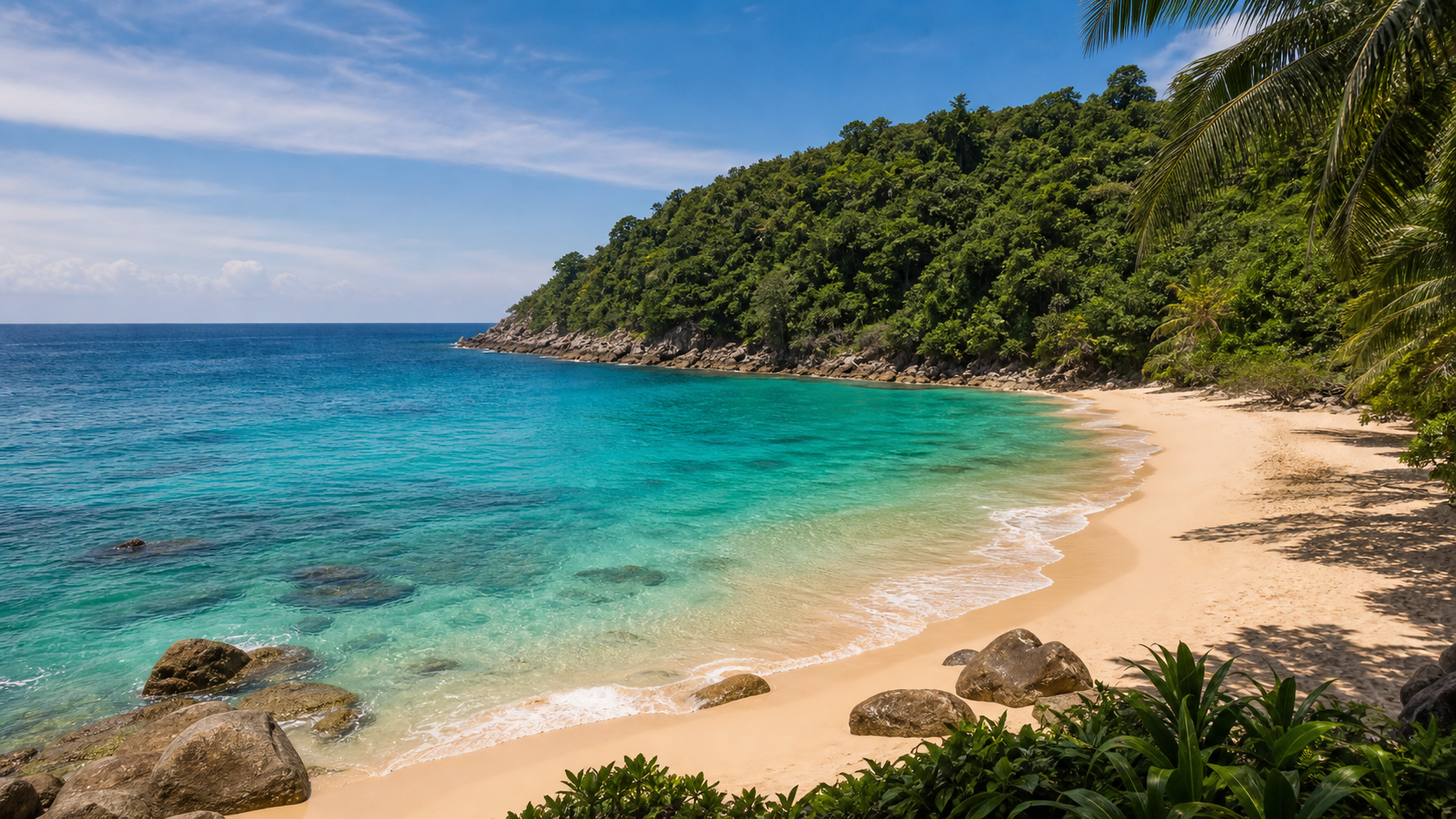 Freedom Beach Phuket secluded cove with white sand, turquoise water, and forested cliffs