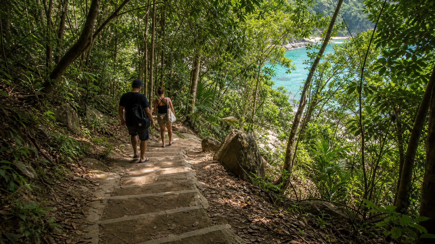 Steep jungle path descending toward Freedom Beach Phuket with turquoise sea below