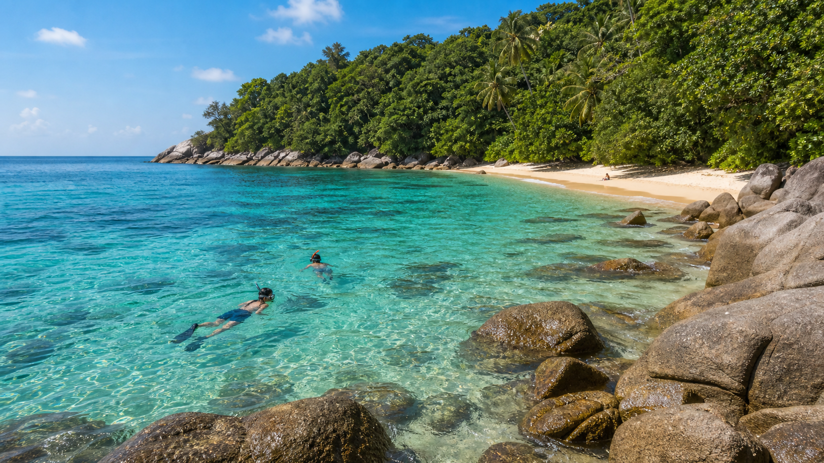 Clear water and rocky snorkeling area at Freedom Beach Phuket during calm season