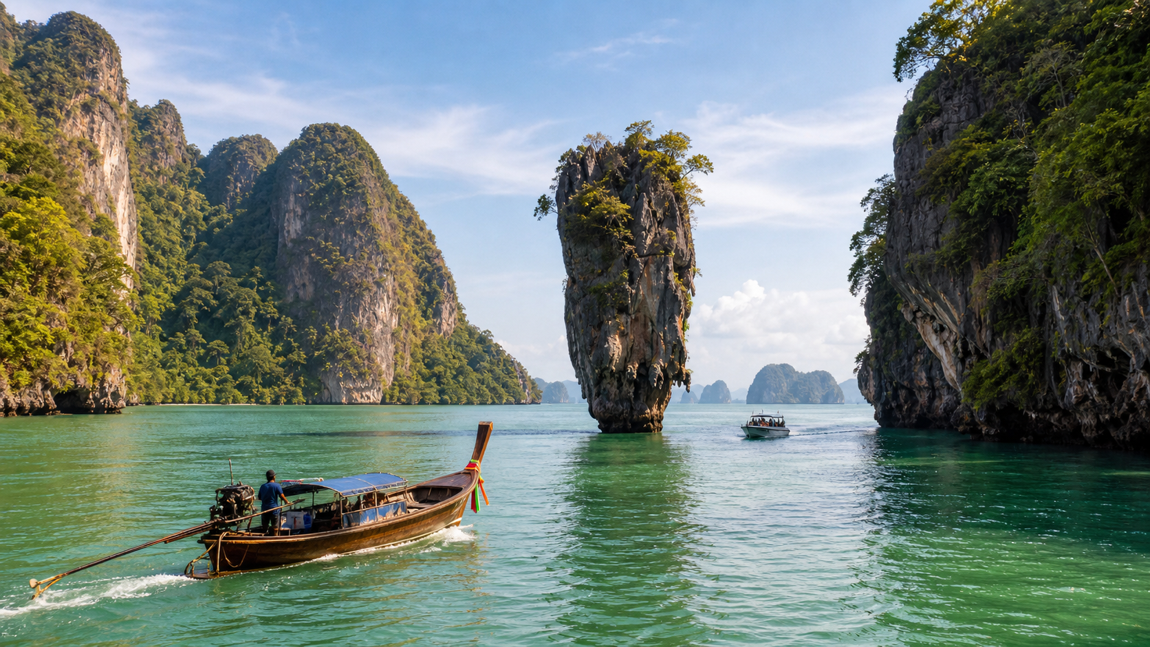 James Bond Island and Phang Nga Bay limestone karsts with emerald water and longtail boat