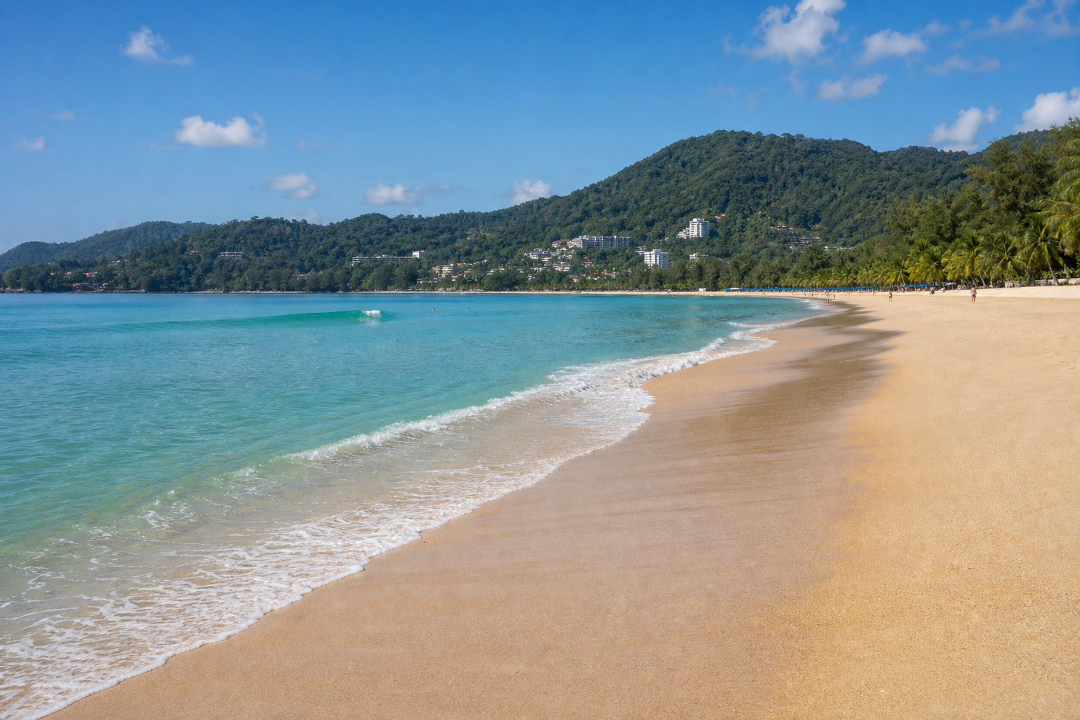 Wide view of Karon Beach in Phuket showing the long open shoreline and pale golden sand