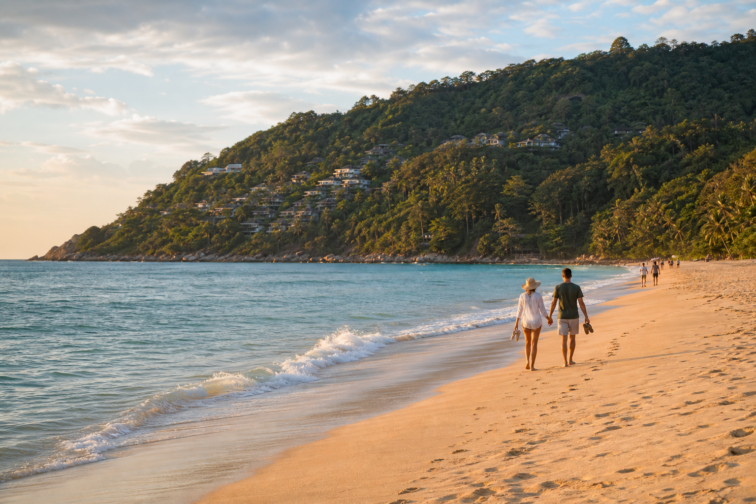 The southern end of Karon Beach in Phuket with walkers, soft evening light, and a green headland backdrop