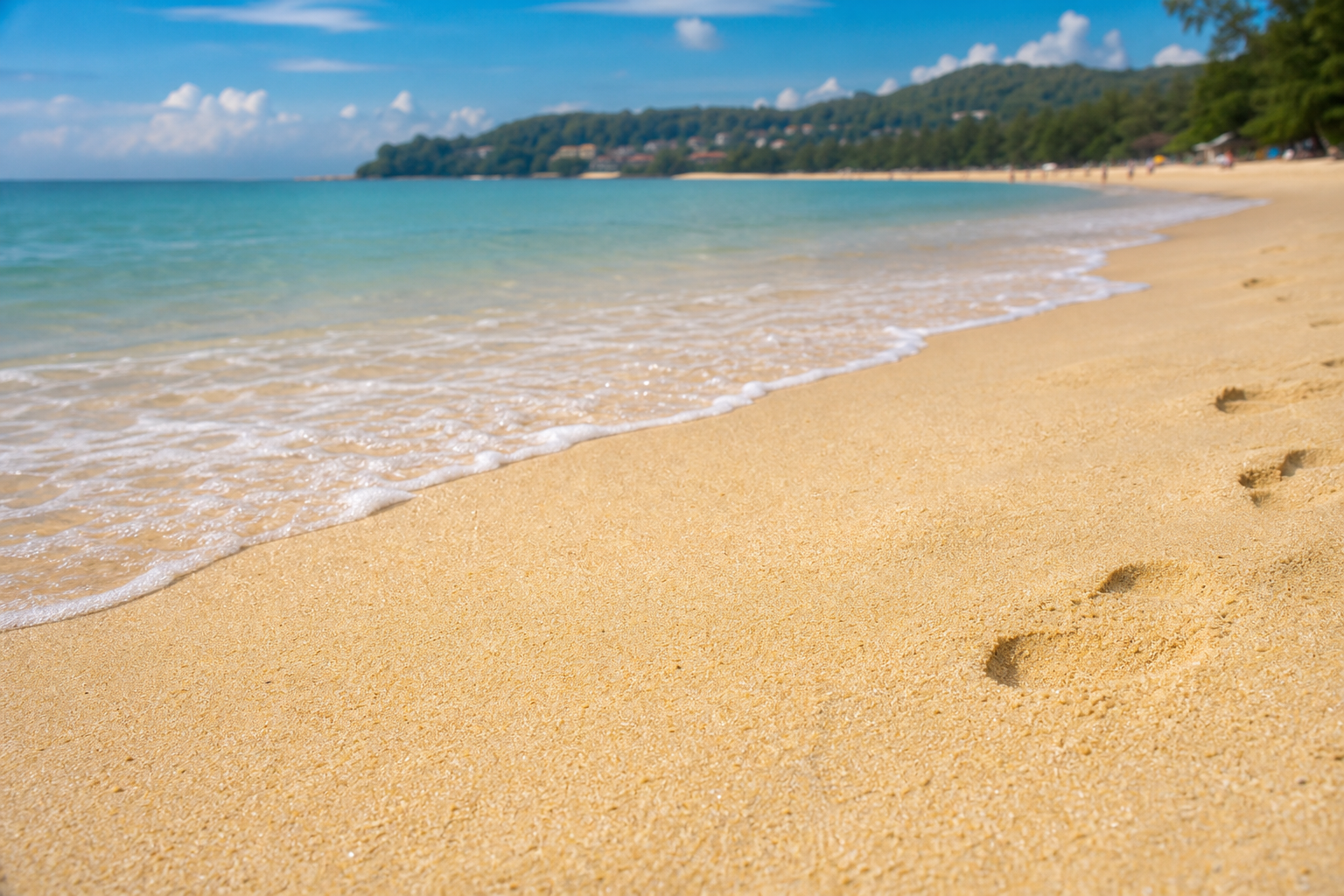 Close view of Karon Beach sand with fine pale grains and light footprints near the shoreline