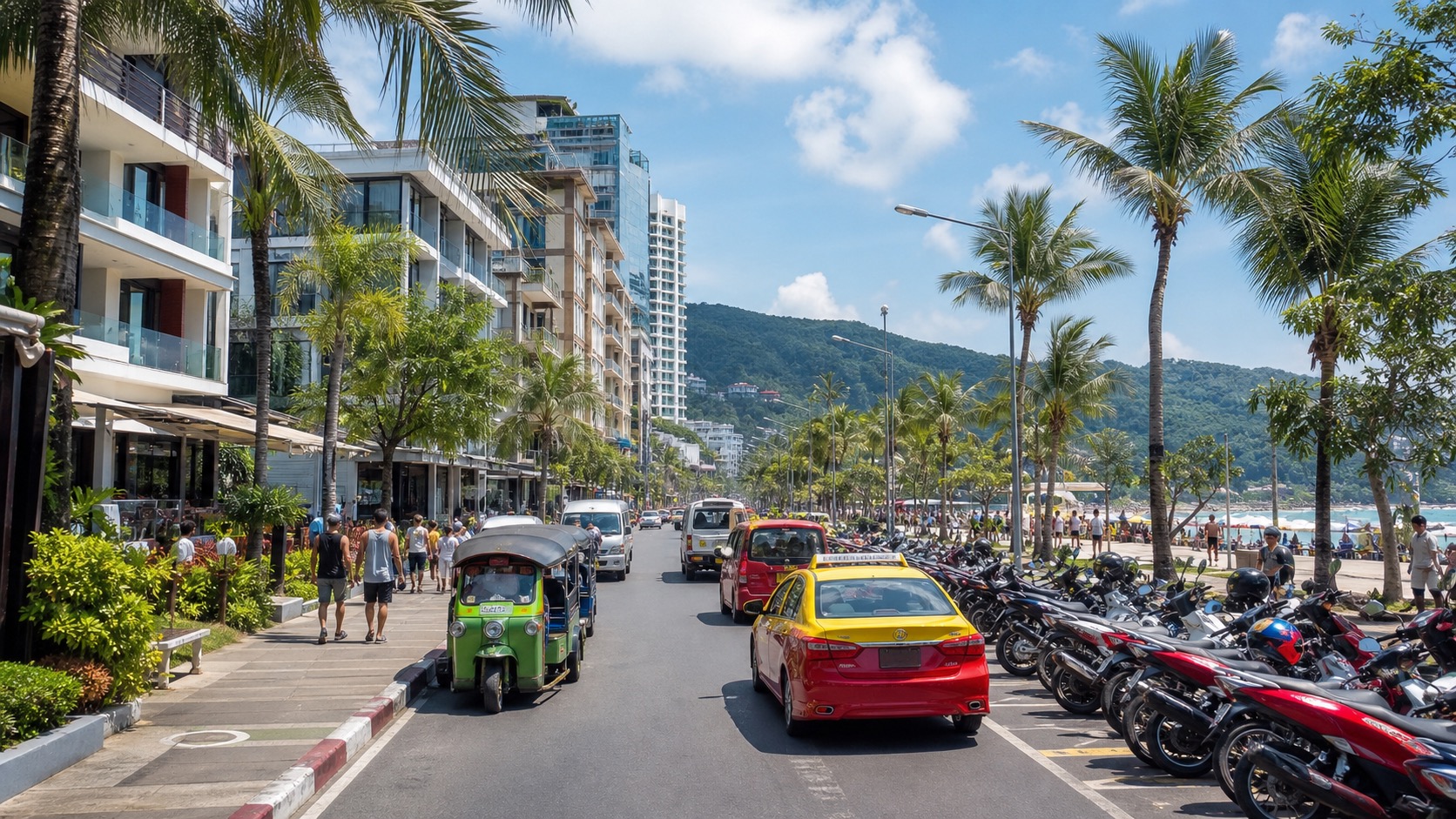 Patong street with tuk-tuks, taxis, scooters, hotel fronts, palms, and beach-road traffic