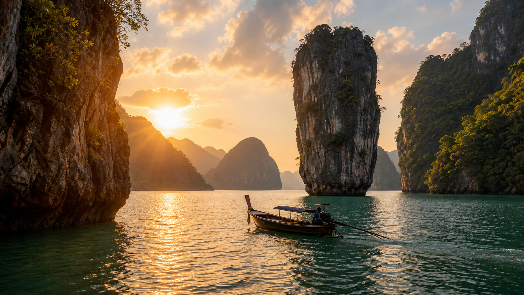 Private longtail boat cruising through Phang Nga Bay limestone cliffs at golden hour