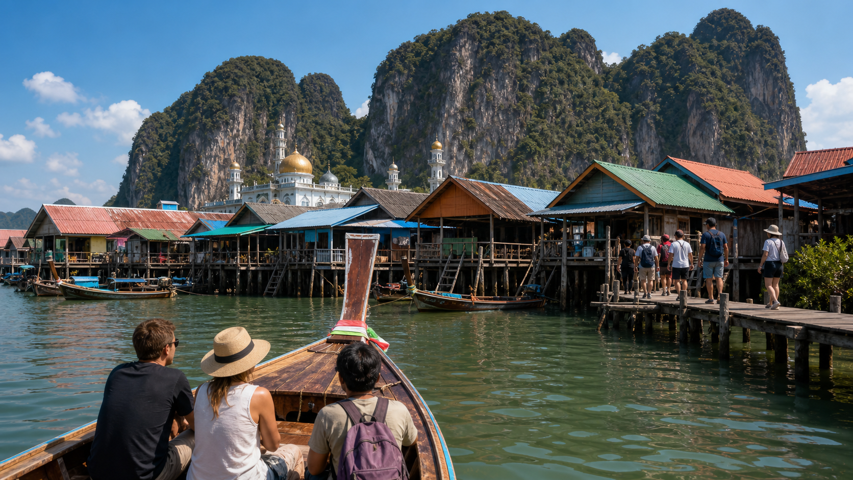 Longtail boat approaching Koh Panyee floating village in Phang Nga Bay