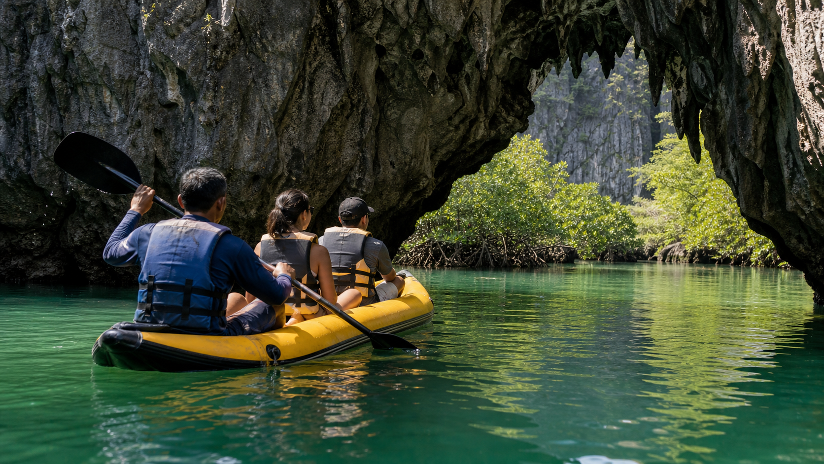 Sea canoe entering a limestone cave and hidden hong in Phang Nga Bay