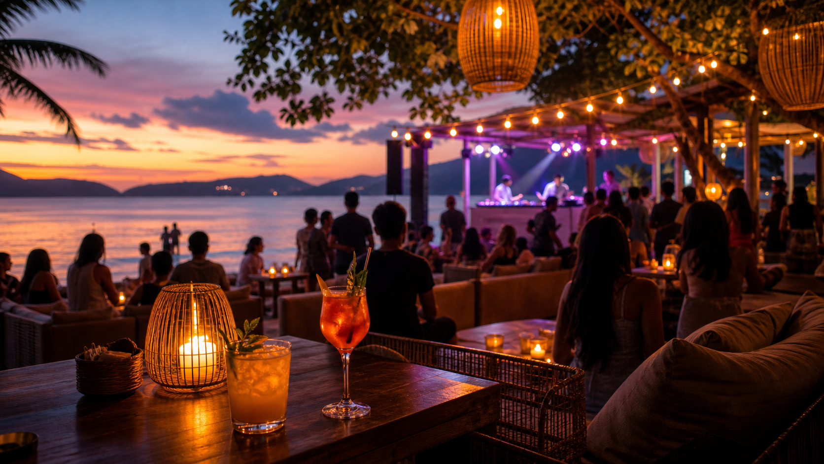 Phuket beach club after sunset with warm lights, music, cocktails, and sea view