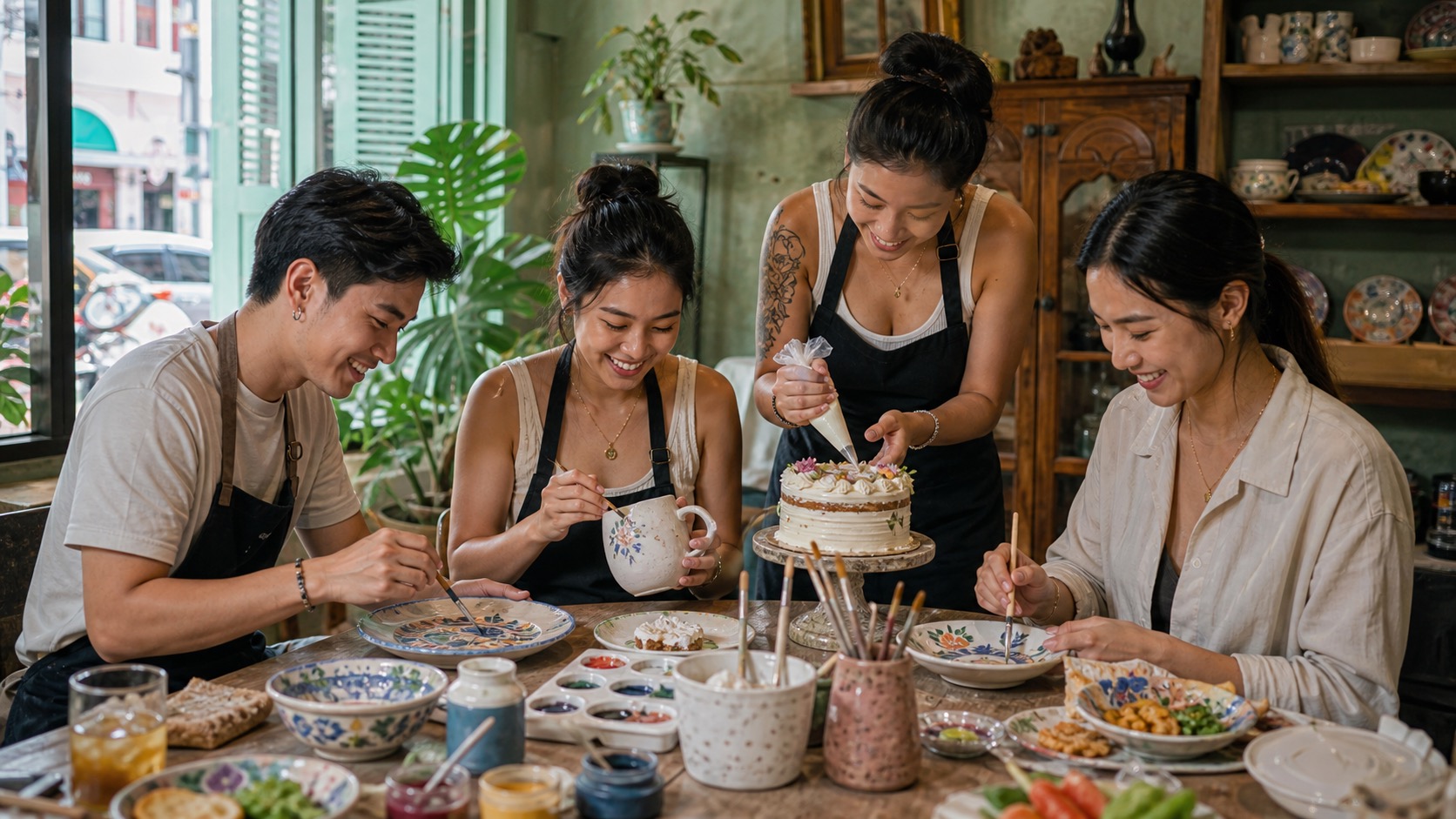 Friends enjoying a creative cafe and ceramics session in Phuket Town
