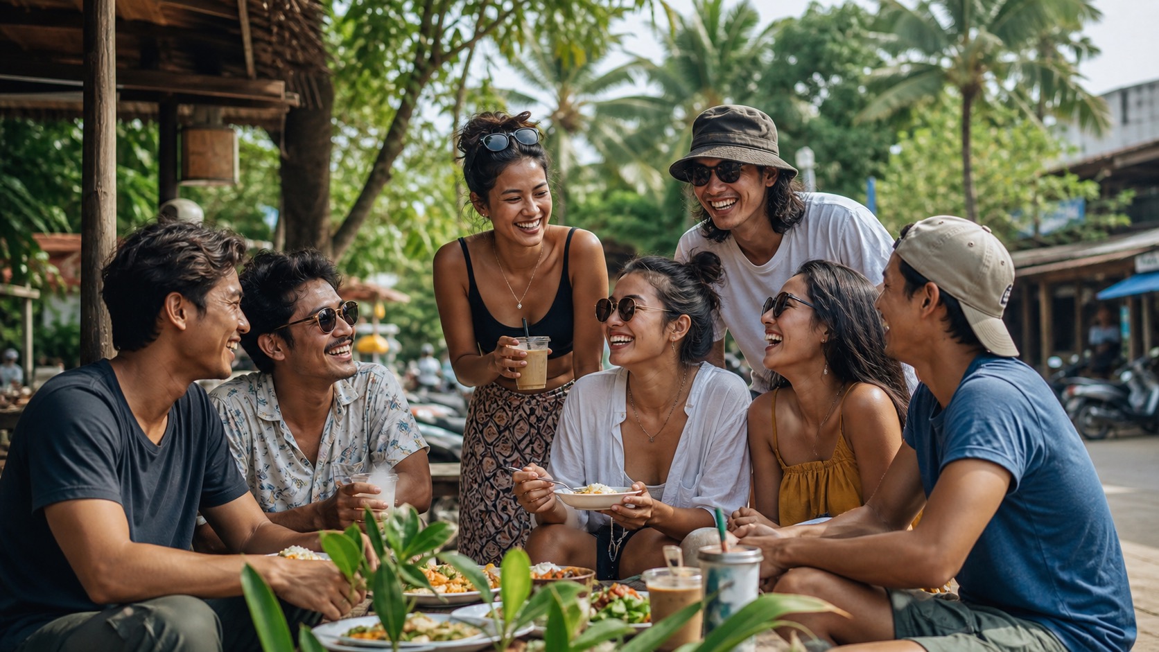 Friends in Phuket enjoying a relaxed local-style day off with food, conversation, and tropical scenery