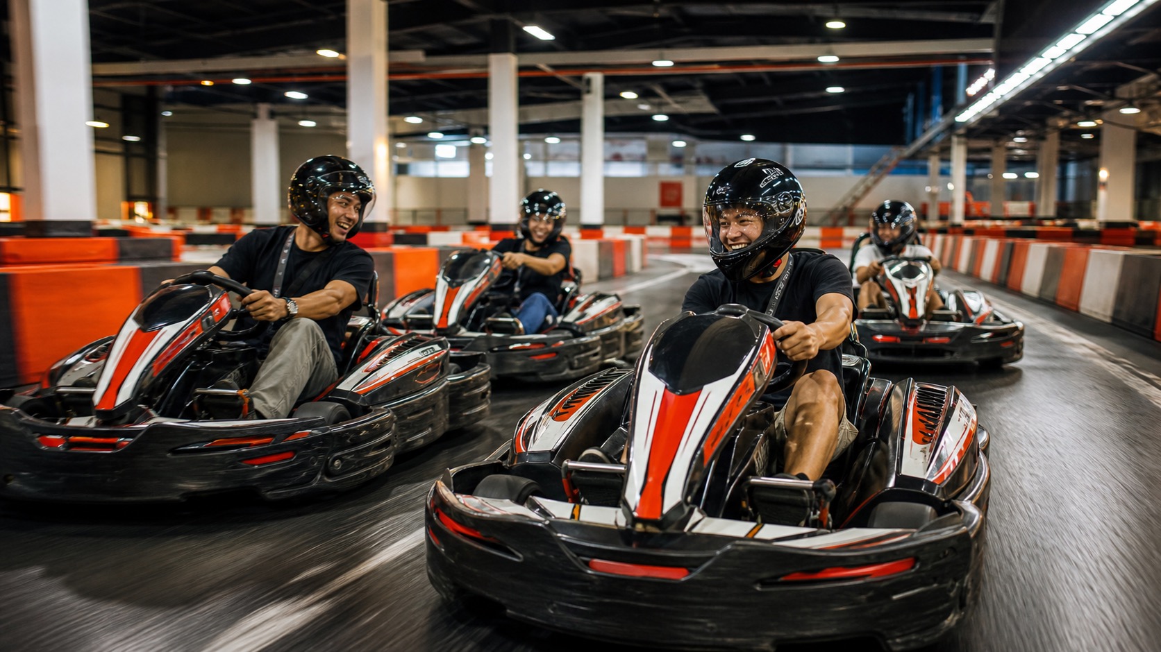 Friends racing go-karts during a fun day off in Phuket