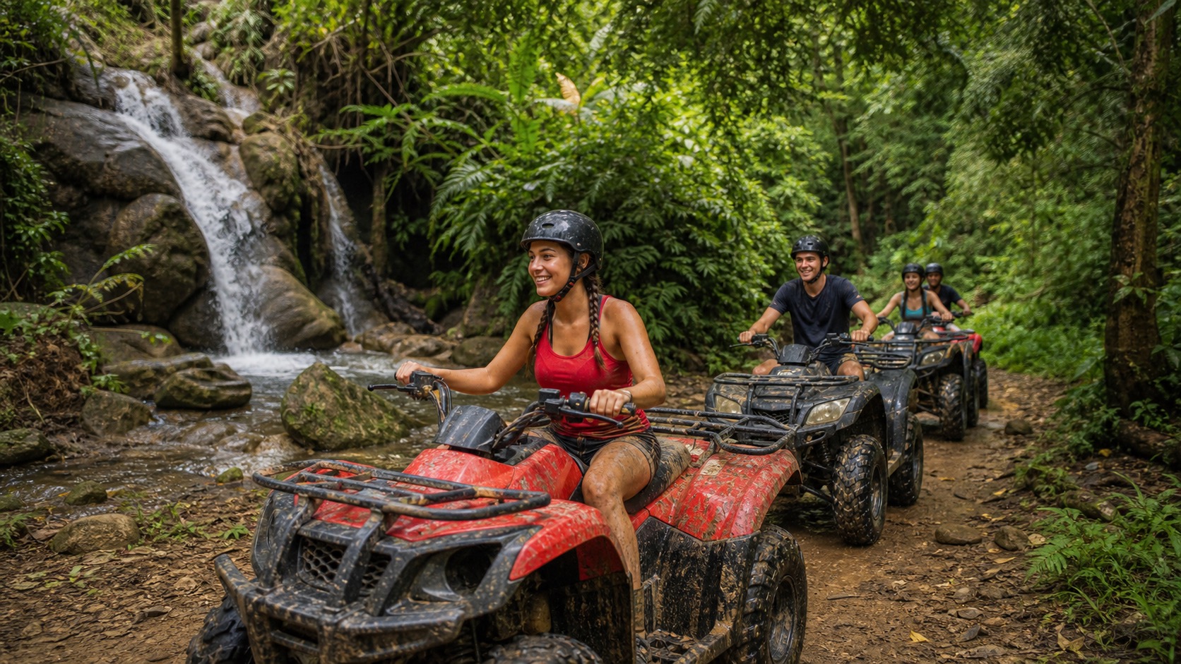 Travelers riding ATVs on a jungle trail near a waterfall in Phang Nga