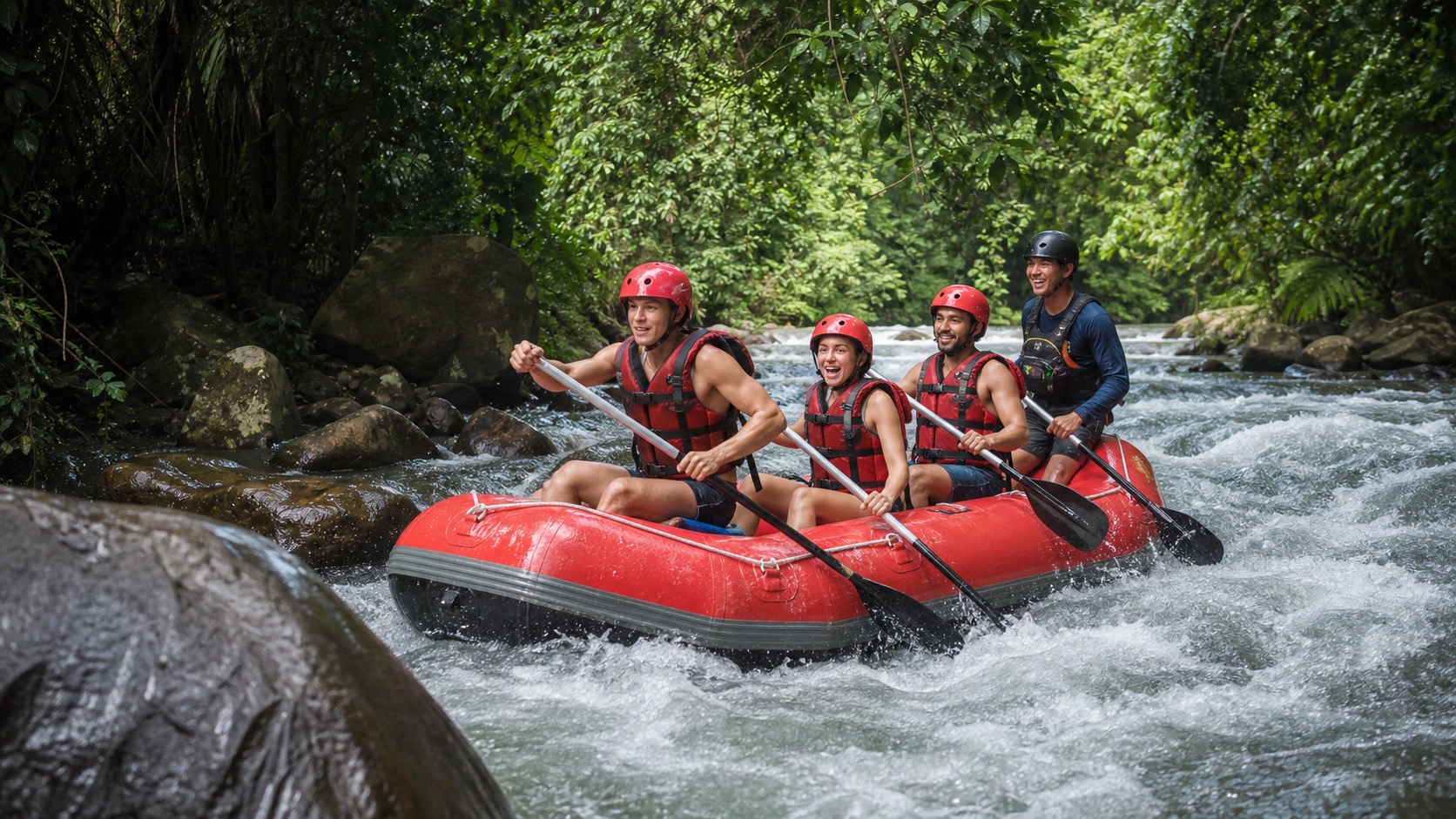 A guided white water rafting boat moving through a tropical jungle river near Phuket