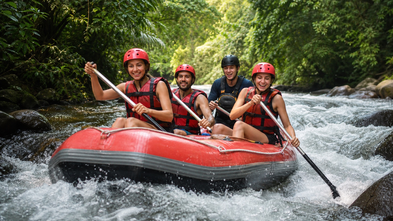Travelers white water rafting through green tropical jungle near Phuket and Phang Nga