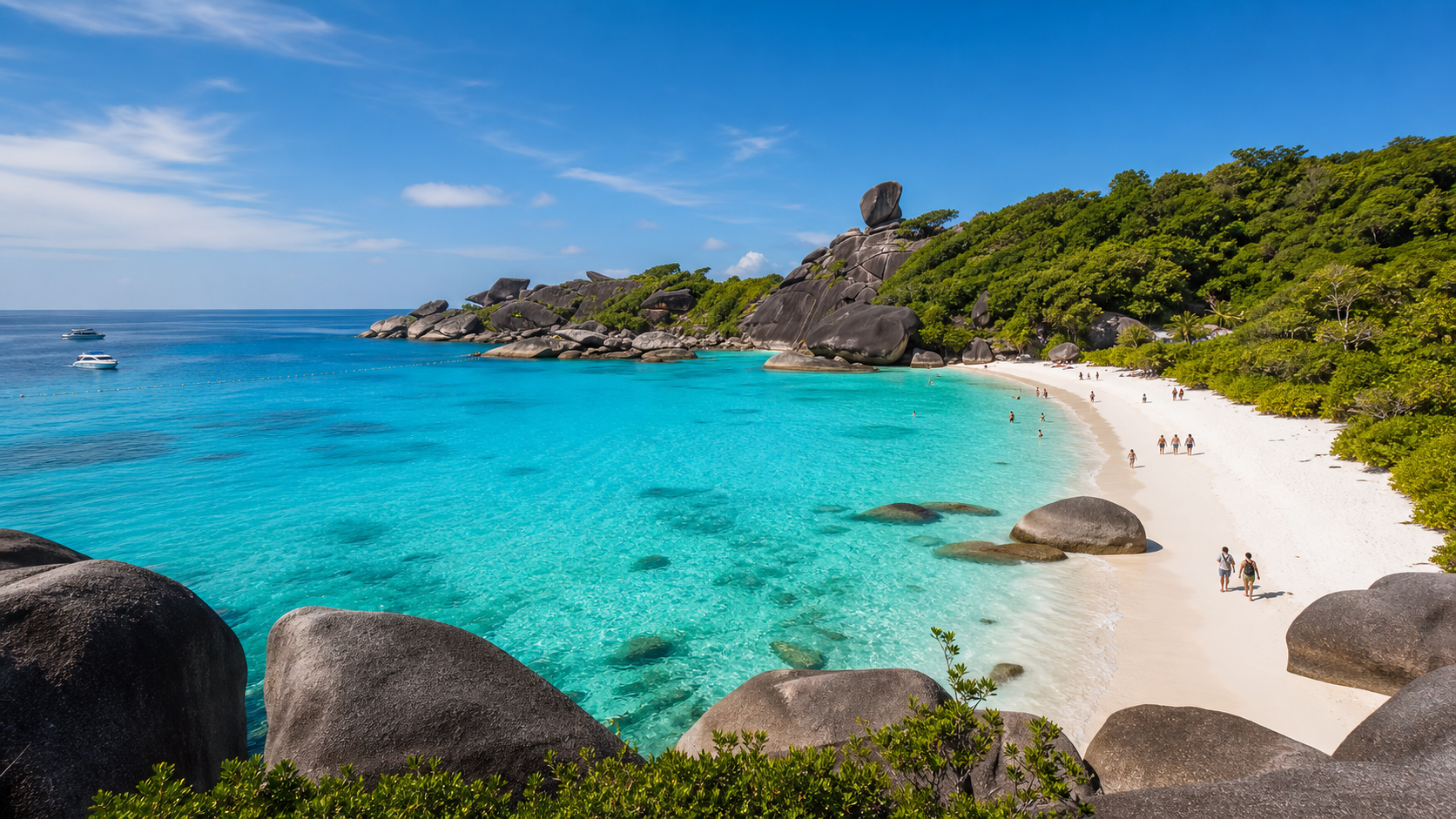 Similan Islands white sand turquoise water granite boulders and island forest in high season