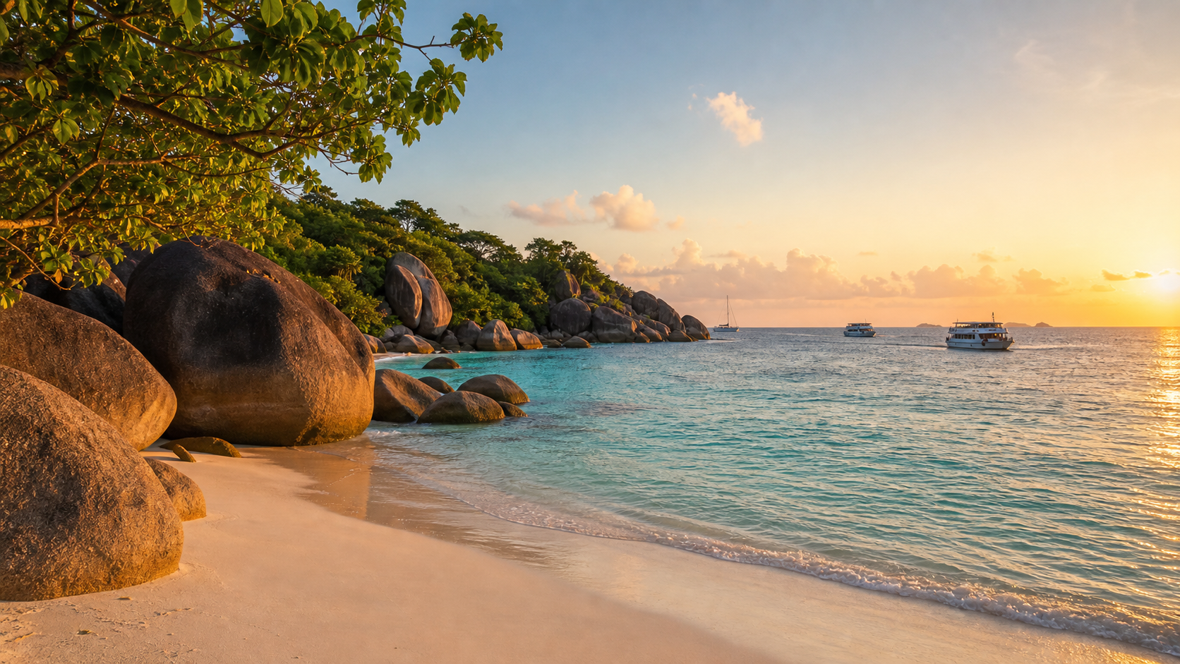 Golden hour beach and granite boulders in the Similan Islands after peak day-trip crowds
