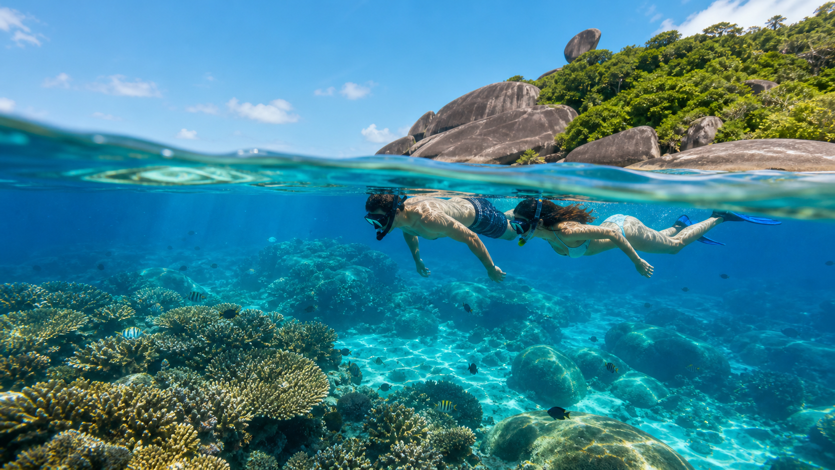 Respectful snorkelers floating above coral and granite boulders in clear Similan Islands water