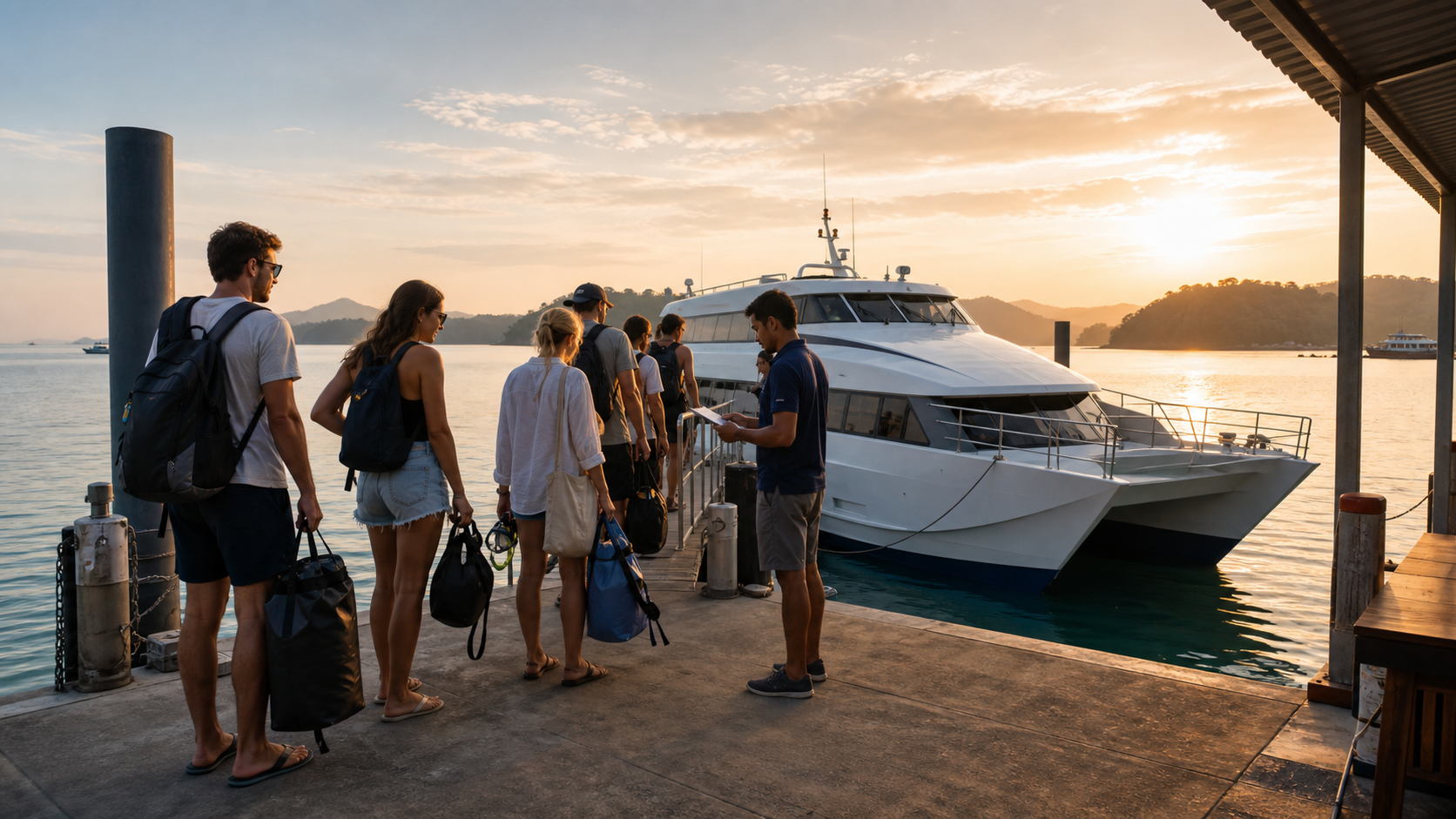 Early morning travelers preparing for a Similan Islands boat trip from Thap Lamu Pier near Khao Lak