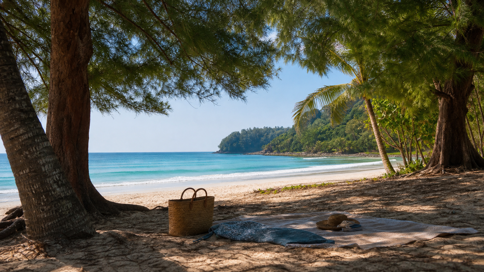 Natural shade under casuarina trees at Surin Beach Phuket with turquoise sea beyond