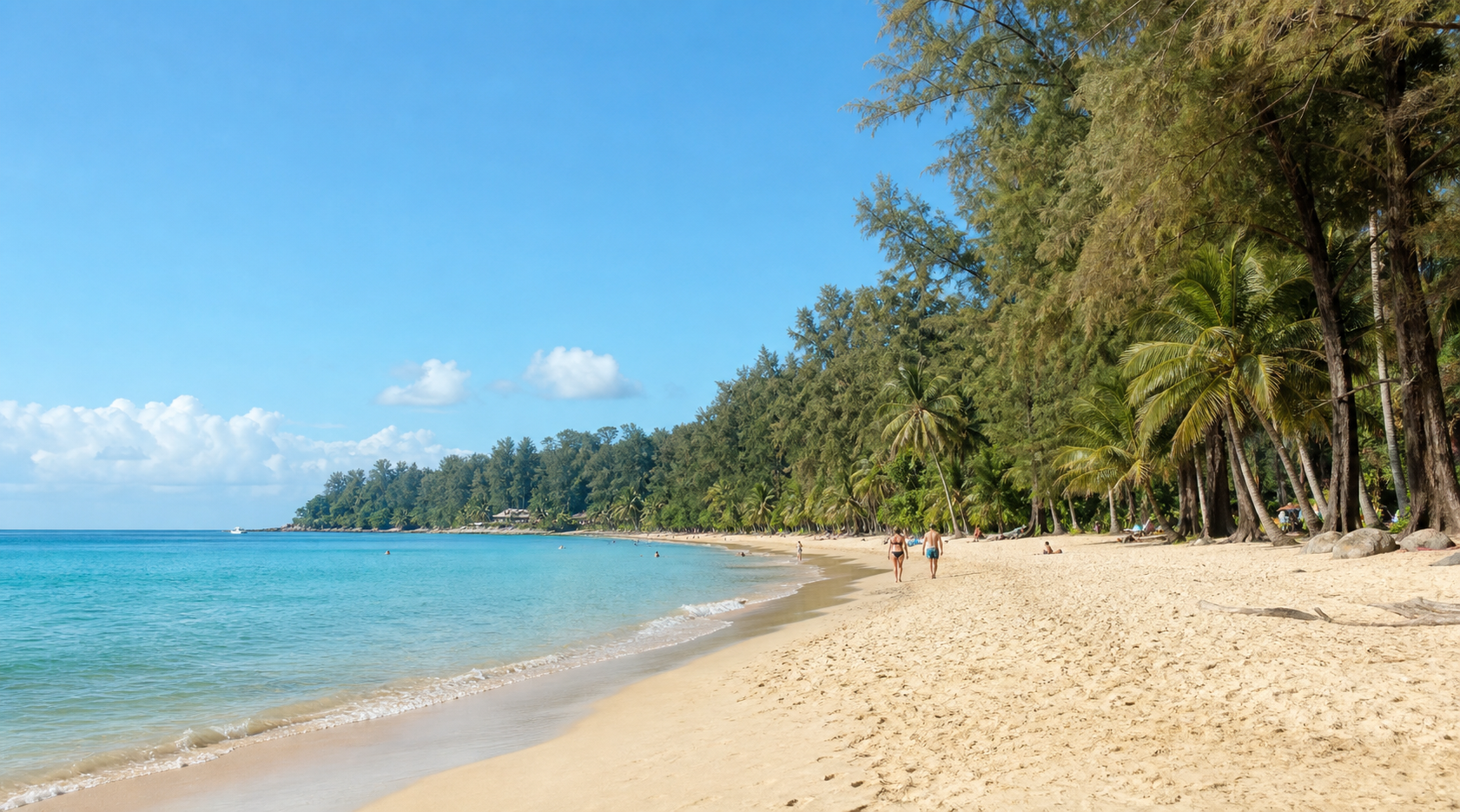 Surin Beach Phuket quiet natural beach with pale sand turquoise water and trees after the beach club era