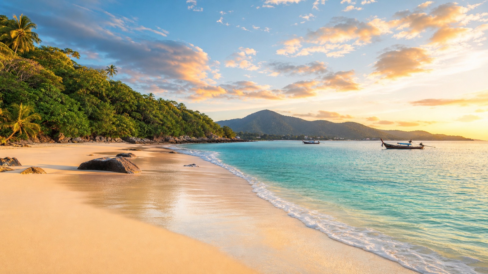 Quiet Phuket beach at sunset with warm light, anchored boats, and a long sandy curve