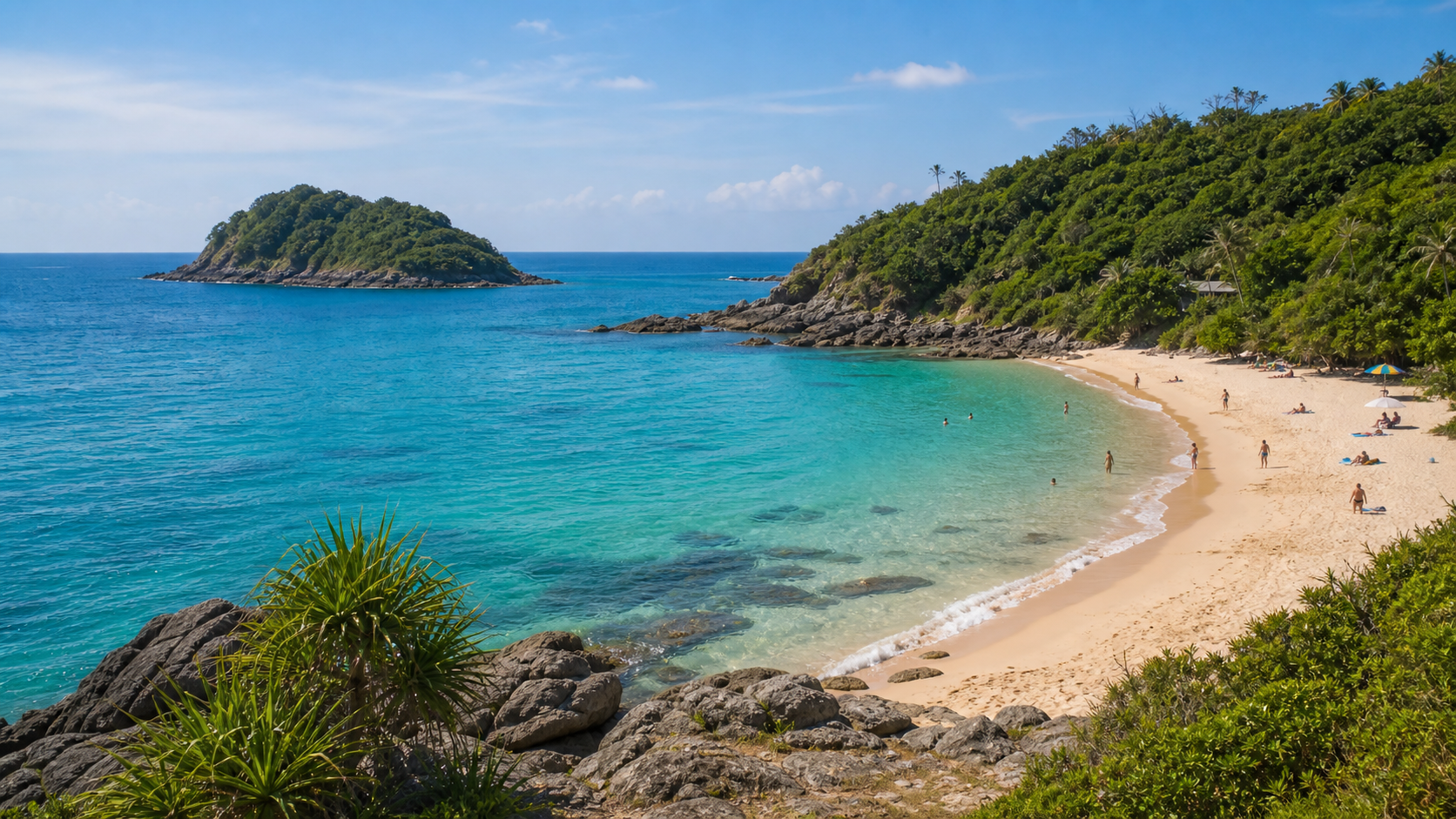 Ya Nui Beach Phuket small cove with turquoise water and Koh Man island offshore