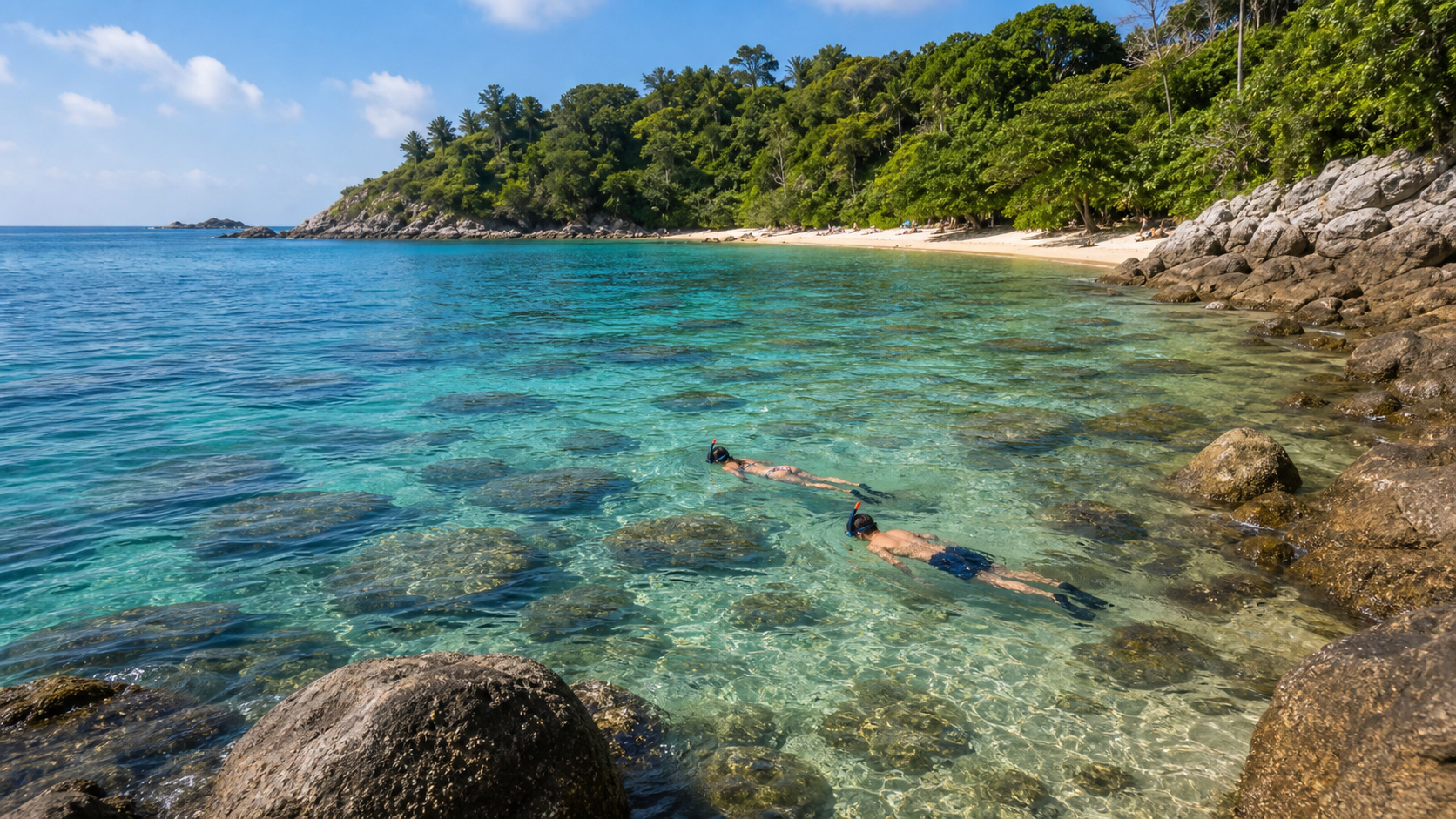 Snorkelers in clear calm water around rocky edges at Ya Nui Beach Phuket