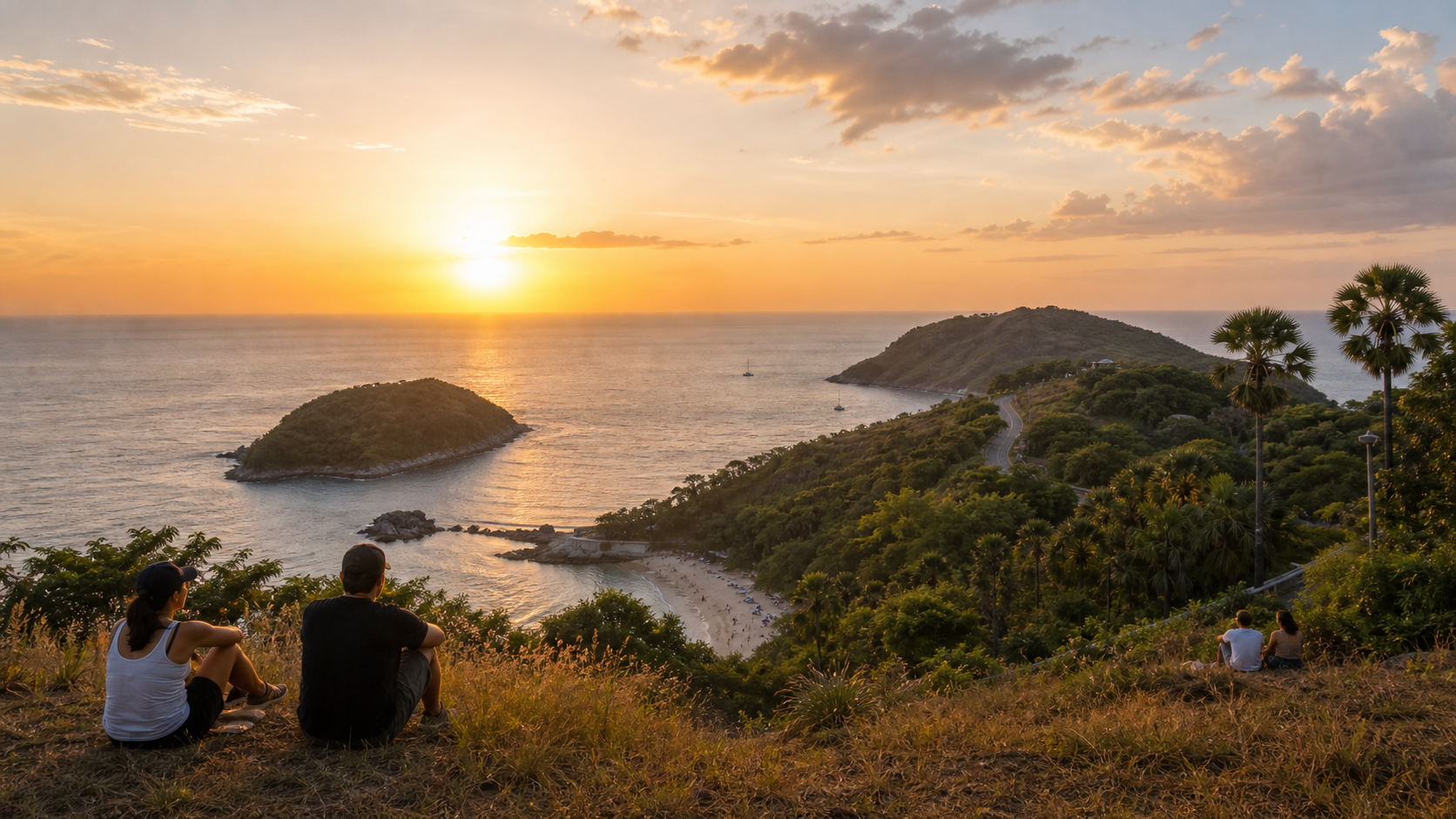 Golden sunset view over Ya Nui Beach and Koh Man island from Windmill Viewpoint Phuket
